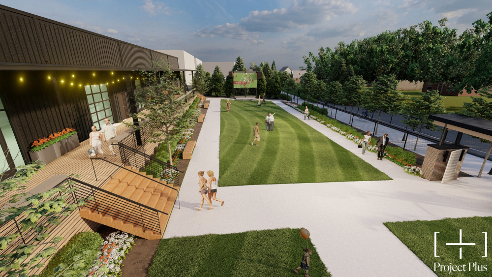 As the focal point of City Center Village, the Parker Group will redevelop a 20,000-square-foot industrial warehouse into â€œThe Pickle Yard,â€_x009d_ which will feature pickleball courts as its primary attraction. (Rendering/Provided)