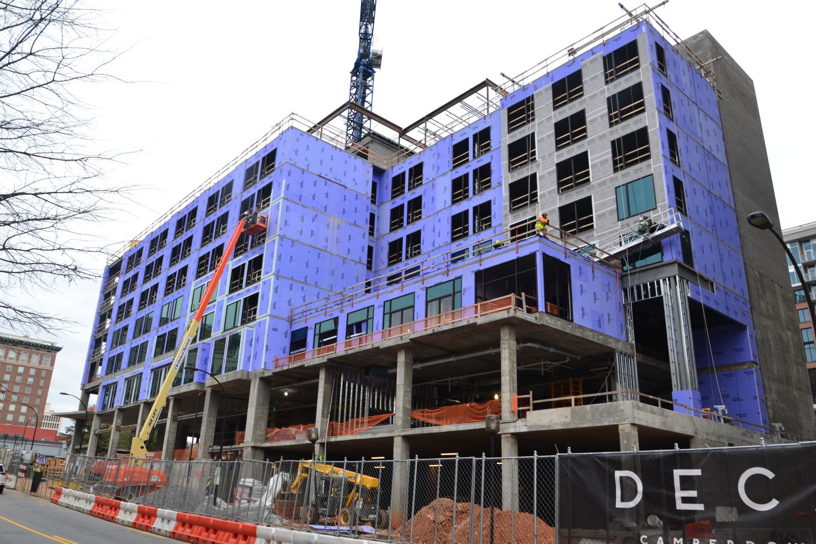 The pandemic has not slowed construction of the new AC hotel downtown but Auro hotels has not decided what opening plans will be. (Photo/Ross Norton)