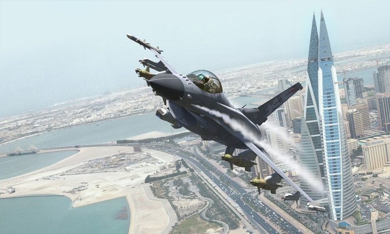 A rendering of an F-16 over Bahrain. (Photo/Provided)
