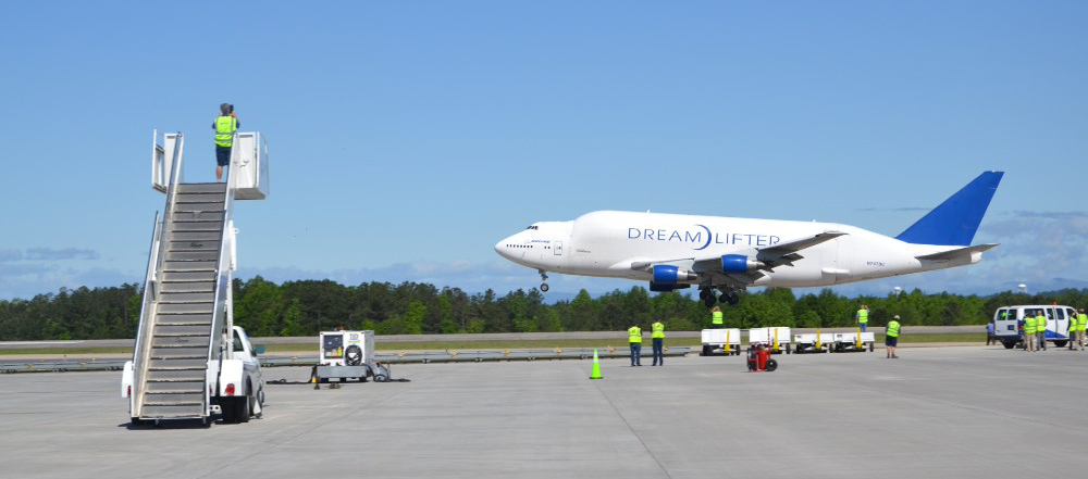 A Boeing Dreamlifter lands at Greenville-Spartanburg International Airport with about 1.5 million face masks for distribution throughout the Prisma Health system; 100,000 will be donated to MUSC. (Photo/Ross Norton)