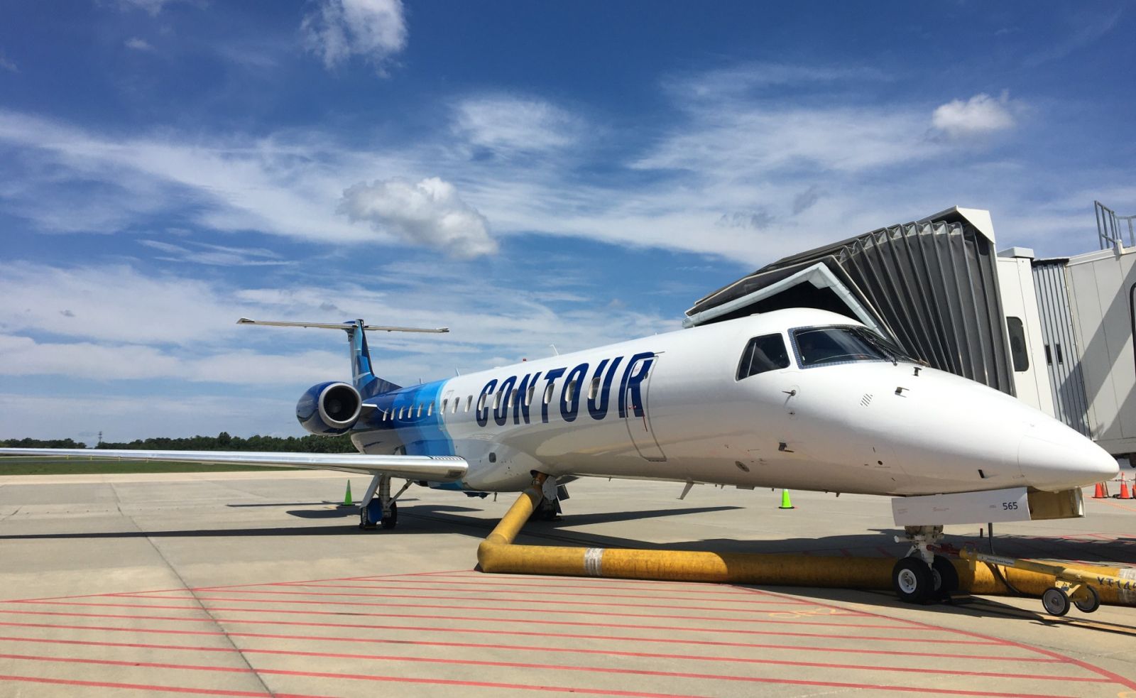 Contour's Embraer ERJ-145 is stopped at GSP's runway in a preview of the airline's nonstop flight to Nashville starting in November. (Photo/Molly Hulsey)