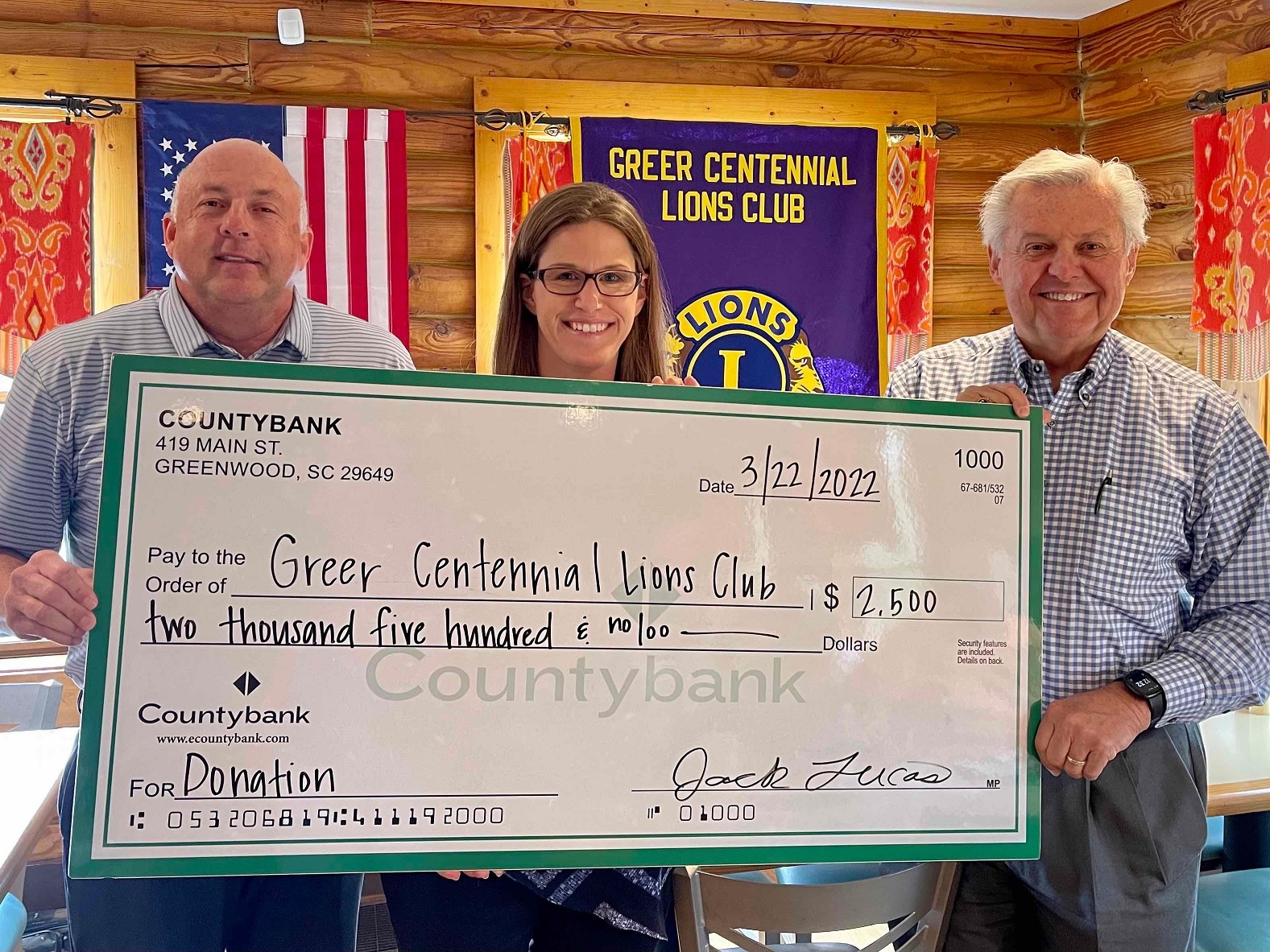Pictured (left to right) are Jack Lucas, senior commercial banker for Countybank; Alison Rauch, president of the Greer Centennial Lions Club; and Rudy Painter, division executive for Countybank Insurance pose with the donation. (Photo/Provided)  