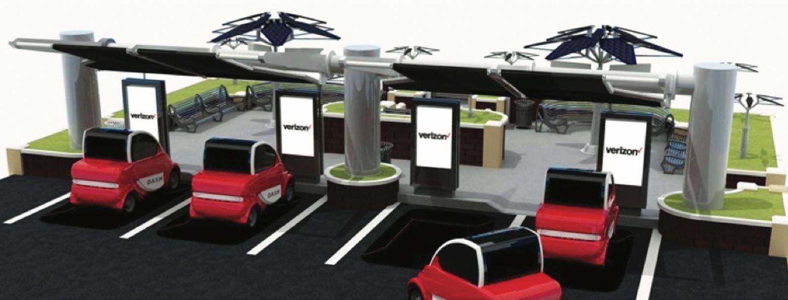 InnovaEV's ZEV charging stations are powered by wind and solar power, as depicted in this 2015 rendering. (Rendering/Provided)