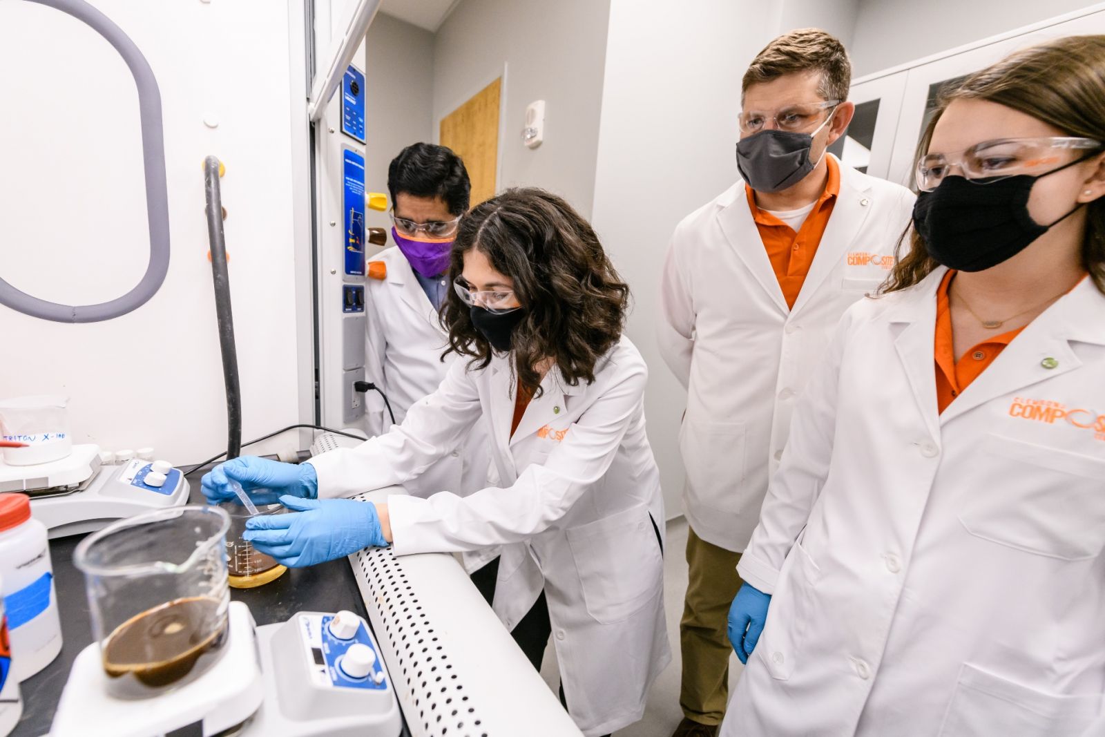 Pilla, graduate student Olivia Sequerth, Sternberg (far left to right) and team works with his team in their lab in the Center for Manufacturing Innovation. (Photo/Provided)