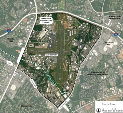 Study area map provided by Arcadis of the city of Greenville's plan to marry the economic development and land use vision with the logistical requirements of the Greenville Airport Commission. (Image/Arcadis City of Greenville Airport District Plan)