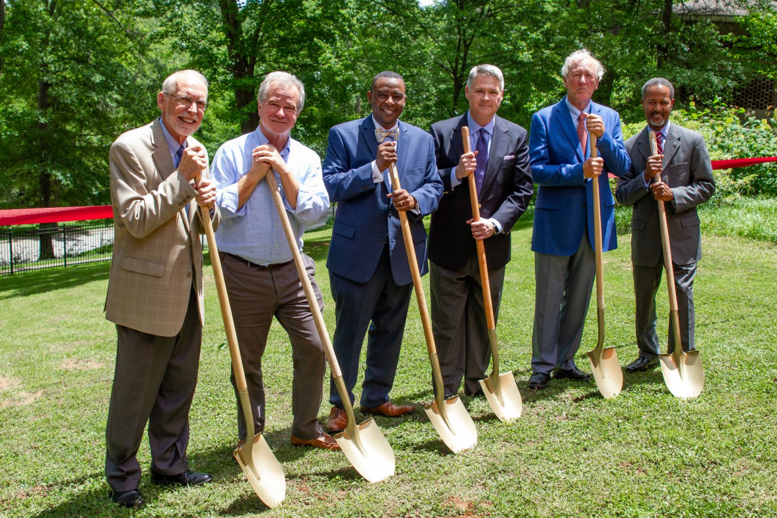Participating in the groundbreaking of the new music building for the S.C. Governor's School for the Arts and Humanities were, from left, Bruce Halverson, former president; Bob Hughes, board member; LeShown Goodwin, board member; Chad Prosser, board chairman; Peter Parrott, board member and Cedric Adderley, president. (Photo/Provided)