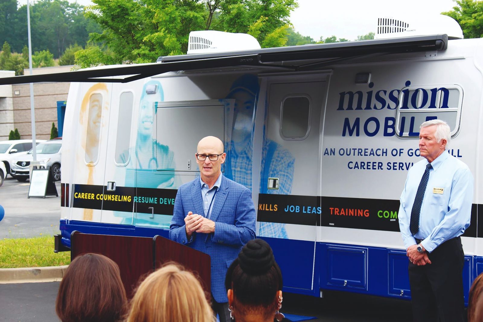 Pat Michaels, CEO of Goodwill Industries, dedicates the mission mobile at the first of two ceremonies introducing the initiative to the community. (Photo/Provided)