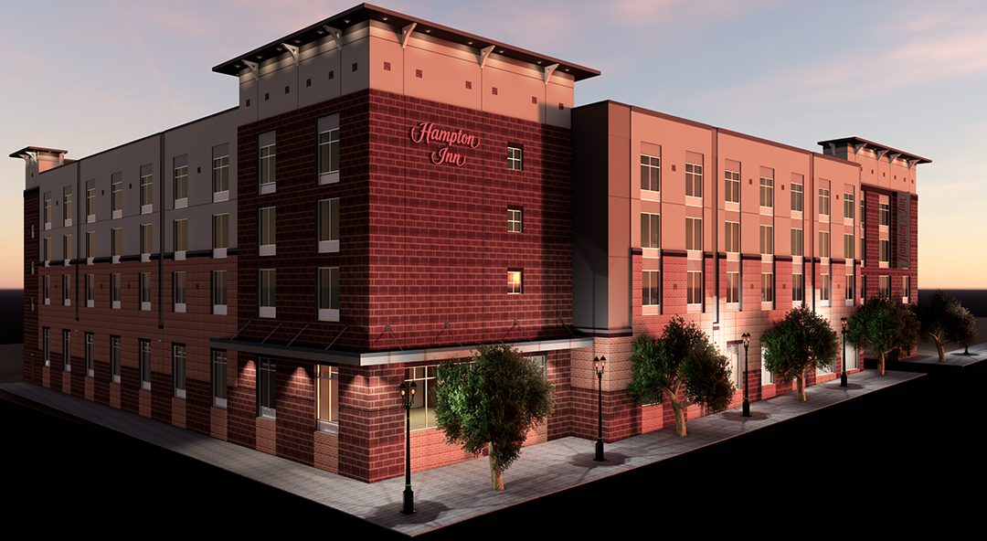 The 108-room Hampton Inn will serve as an epicenter for additional downtown redevelopment as efforts continue down Main and Trade Streets. (Rendering/Provided)