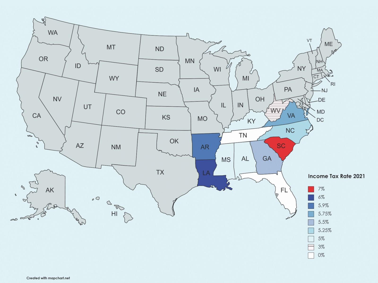 South Carolina has the highest income tax rate of any of its neighbors, according to data provided by the Upstate Chamber Coalition. (Map/Molly Hulsey)
