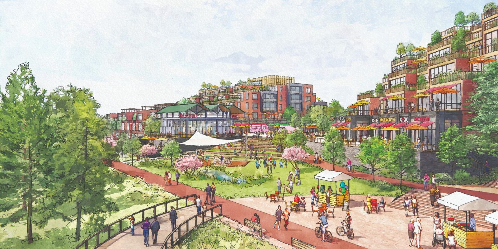 The new plan for 90-acres off Laurens Road transforms the area into a mixed-use district spotted with green spaces. (Rendering/Provided)