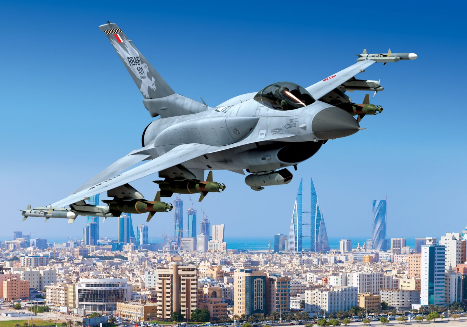 This rendering of an F-16 Fighting Falcon flying over Manama, Bahrain, was posted when Lockheed was awarded a $1.12 billion contract from the U.S. government to build 16 new Bahraini aircraft. (Photo/Provided)