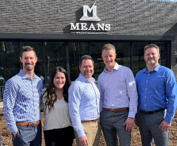 Alex Means, Carly Lovinggood, Eric Baker, David Means and Jamie Stone staff the new office for Means Wealth, with room to grow. (Photo/Provided) 