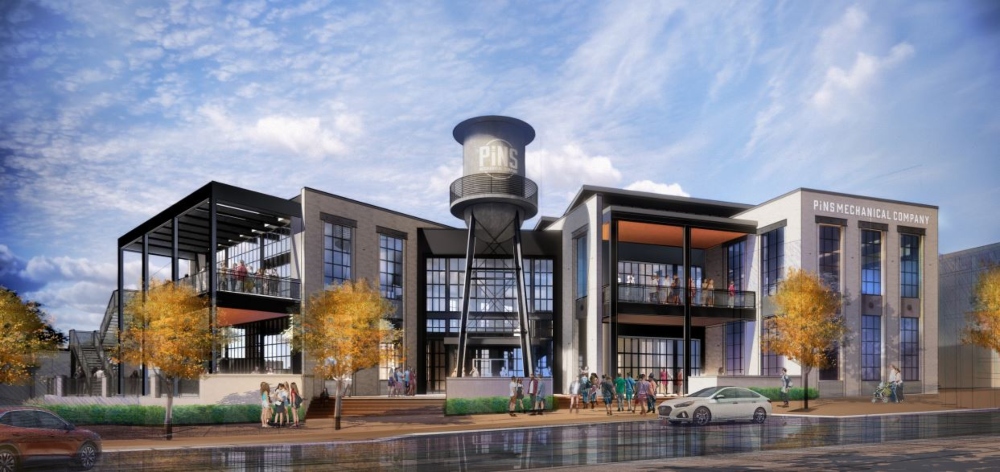 Serving as the entertainment anchor at County Square, Pins Mechanical will be a 24,366-square-foot social destination featuring duckpin bowling, more than 40 pinball machines, yard games, craft beers, classic cocktails and more. (Photo/RocaPoint Partners)