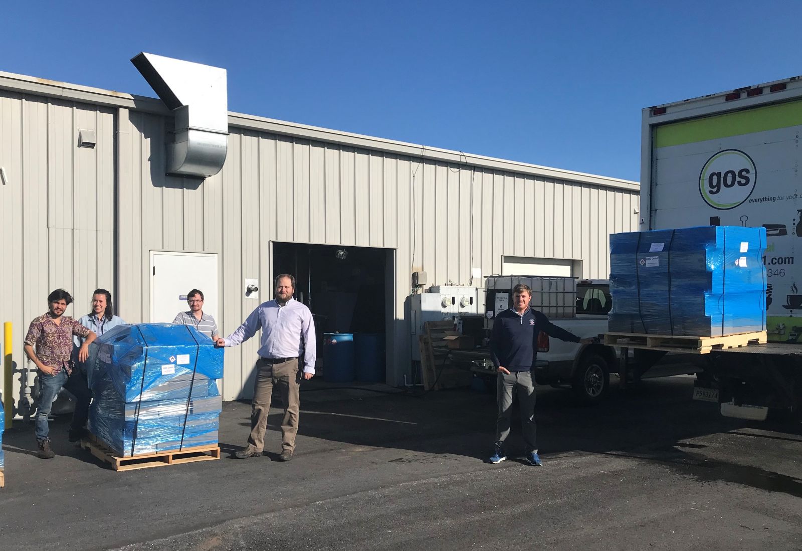 Dick Pace and the Parimer Scientific team box up shipments of sanitizer to sell at Greenville Office Supplies. (Photo/Provided)