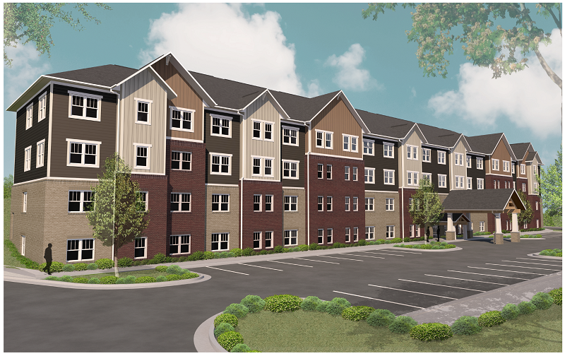 NHE's Villa said construction on Renaissance Place, an affordable housing community for seniors off North Pleasantburg Drive, is expected to reach completion in July. (Rendering/Provided)