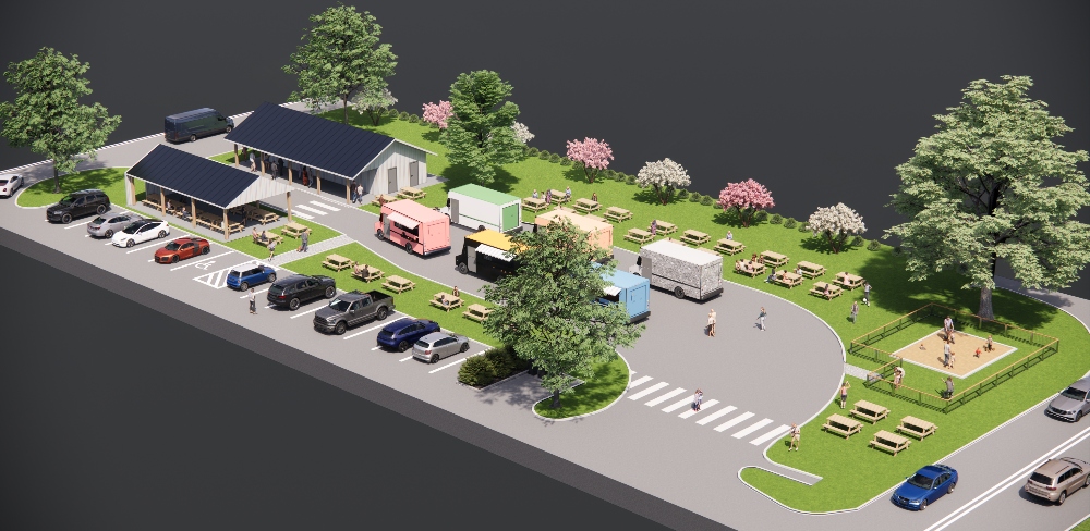 The Holcks envision a family-friendly food truck park that reminds them of the ones they enjoyed in Oregon. (Rendering/Provided by Justin Holck)
