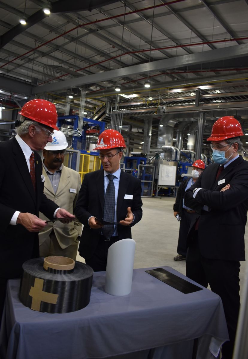 Solvay executives show Gov. Henry McMaster the thermoplastic products to be made at the facility. (Photo/Molly Hulsey)