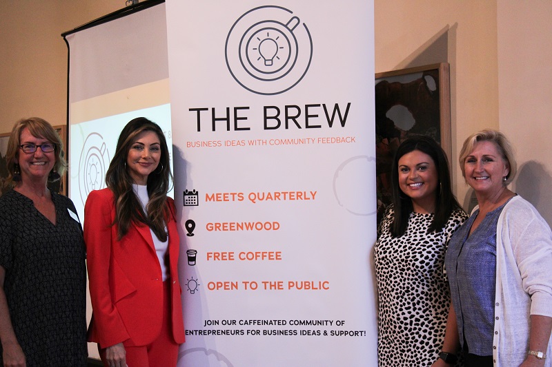 VisionGreenwood launched the Greenwood chapter of The Brew in collaboration with Uptown Greenwood and the Greenwood Area Small Business Development Center. Pictured are Justine Allen, program and event coordinator, Ten at the Top; Kay Self, executive director, VisionGreenwood; Caroline Gaddis, business education and event manager of economic development, city of Anderson; and Erin H. Ouzts, Upstate Entrepreneur Ecosystem director, Ten at the Top. (Photo/Provided)