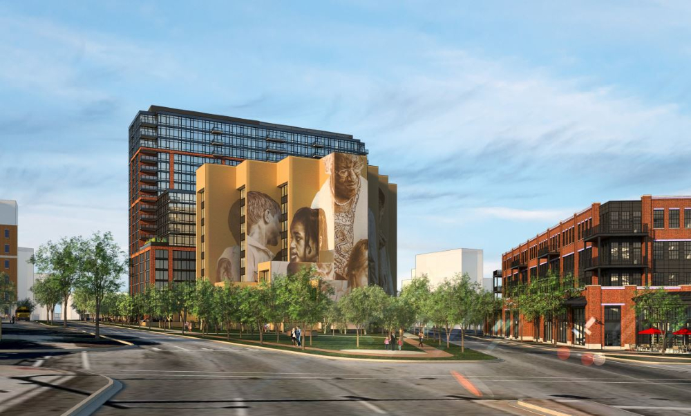 The project frames the Canvas Lofts and its iconic mural of former Greenville County educator Pearlie Harris. (Rendering/The Beach Co.)