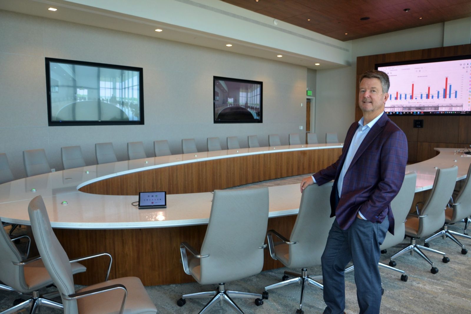 Southern First CEO Art Seaver checks out the bank's new board room, which came together just hours before the first directors' meeting in the new building. (Photo/Ross Norton)