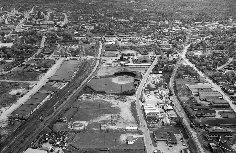 Meadowbrook ball field, with Mayberry Field in the foreground, illustrate the inequities of segregation in this historical photo from the city of Greenville. A downtown with a much more modest skyline is in the  photo's top left. (Photo/Provided)