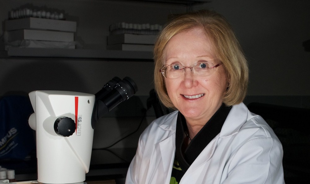 Trudy Mackay in her lab at the Clemson Center for Human Genetics. (Photo/Clemson University)