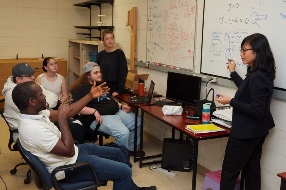 Thao Tran, shown here talking to students, was named a Beckman Young Investigator by the Arnold and Mabel Beckman Foundation. The award will support her research in quantum technology. (Photo/Clemson University)