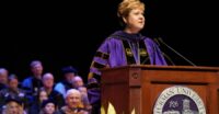 President Elizabeth Davis speaks at the August 2023 university convocation. (Photo/Furman University)