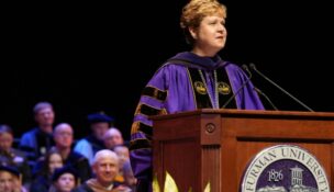 President Elizabeth Davis speaks at the August 2023 university convocation. (Photo/Furman University)