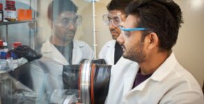 Graduate students Nawraj Sapkota and Janak Basel work in the lab of Apparao Rao at the Clemson Nanomaterials Institute. (Photo/Clemson University)